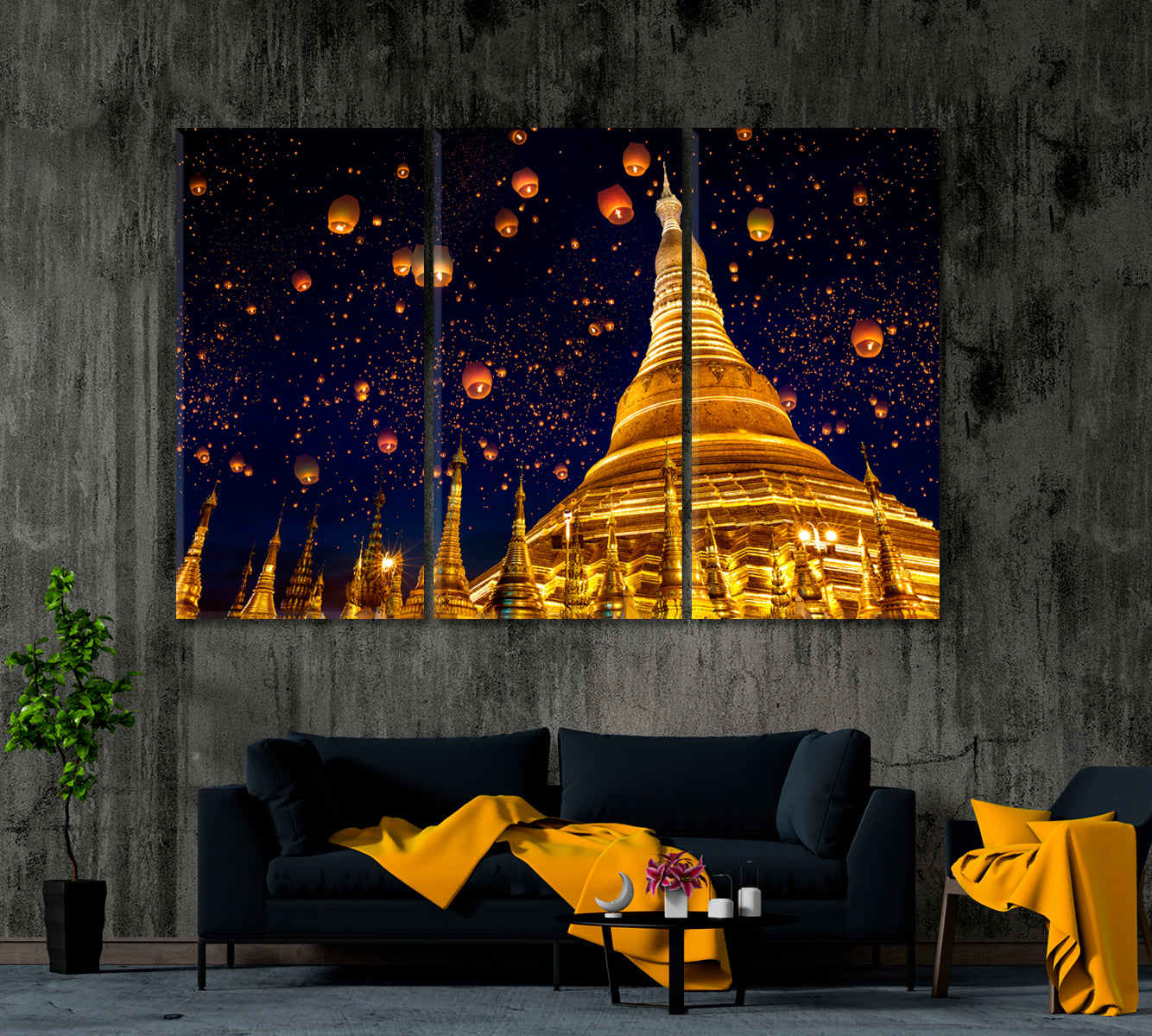 Shwedagon Pagoda with Lanterns in Sky Yangon Myanmar Canvas Print ArtLexy 3 Panels 36"x24" inches 