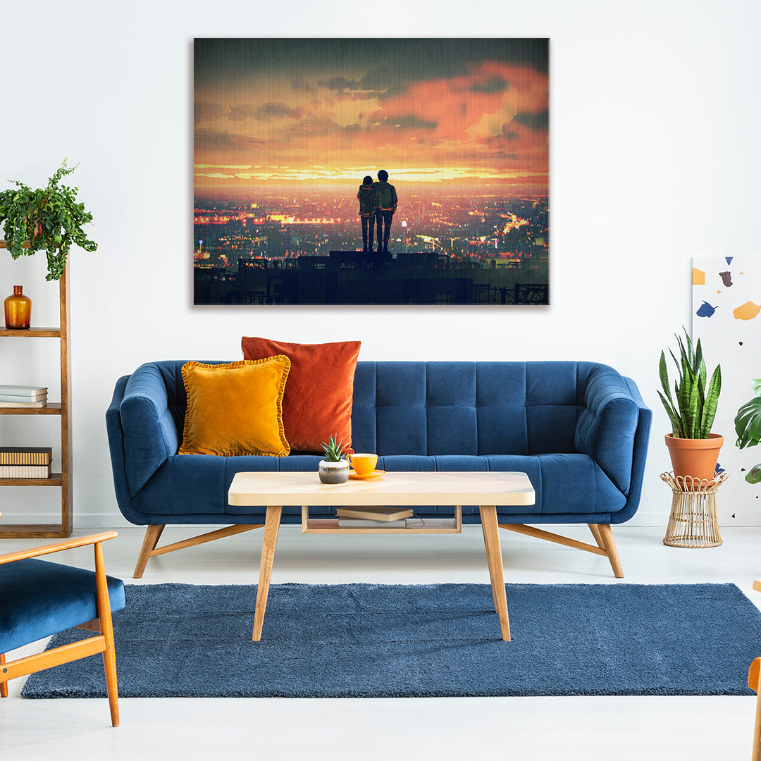 Couple on Rooftop at Night Canvas Print ArtLexy 1 Panel 24"x16" inches 