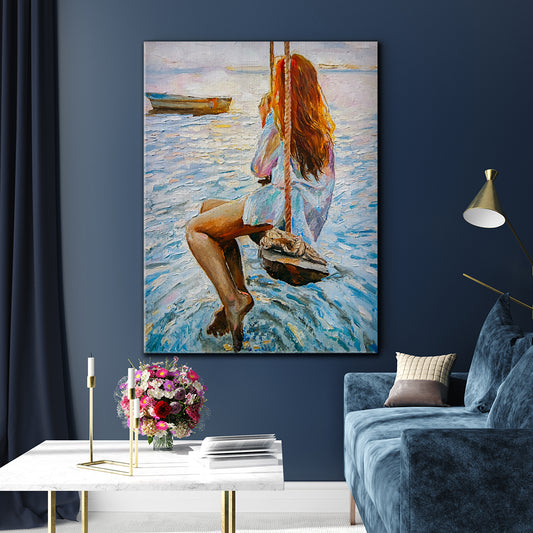 Girl on Swing by Ocean Canvas Print ArtLexy   