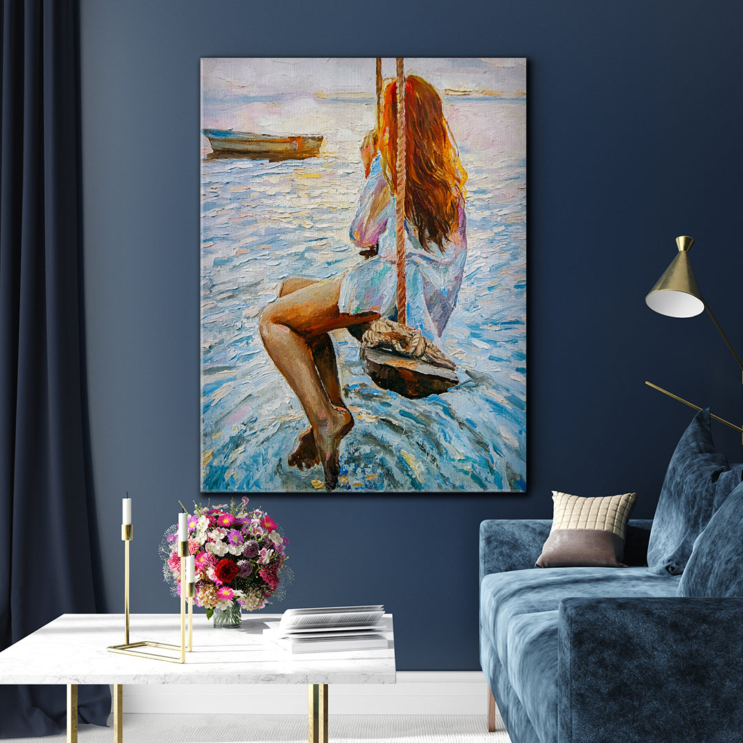 Girl on Swing by Ocean Canvas Print ArtLexy   