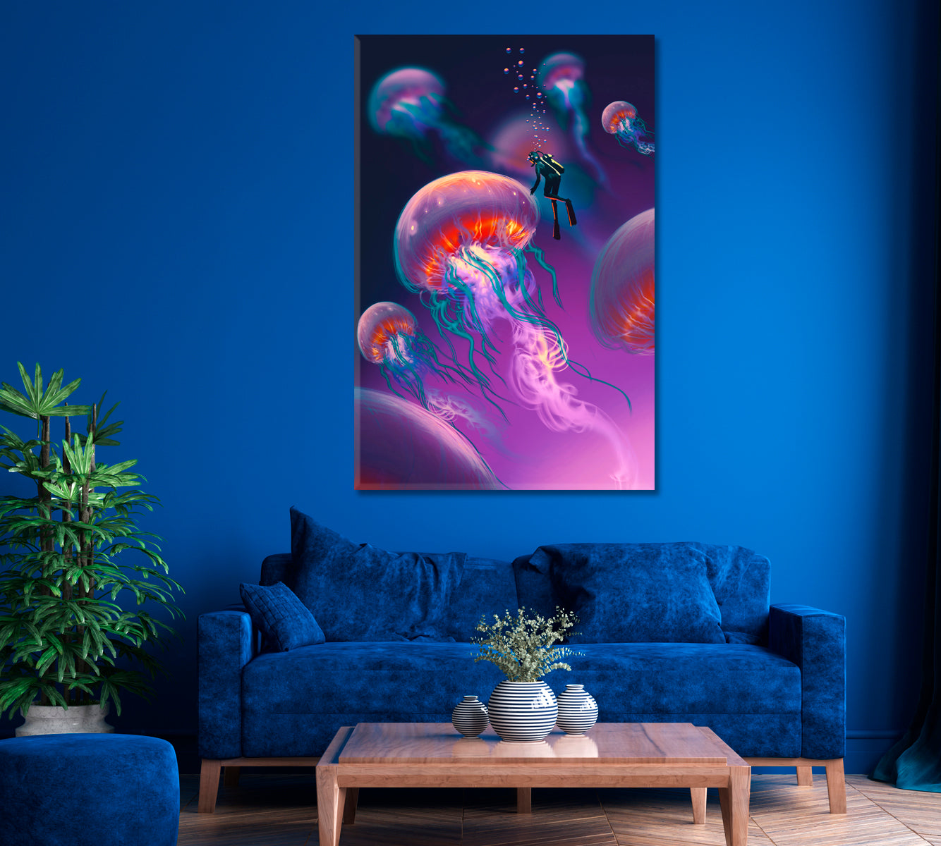 Fantasy Jellyfish and Diver Underwater Canvas Print ArtLexy 1 Panel 16"x24" inches 