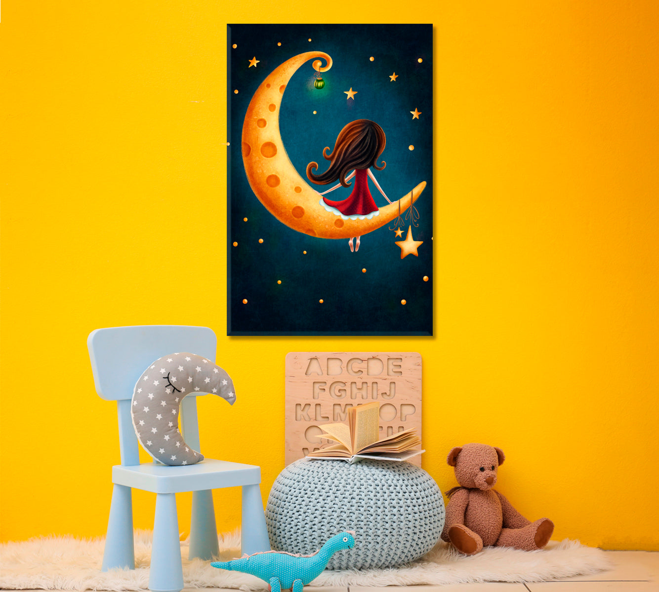 Little Girl on Moon Canvas Print ArtLexy 1 Panel 16"x24" inches 