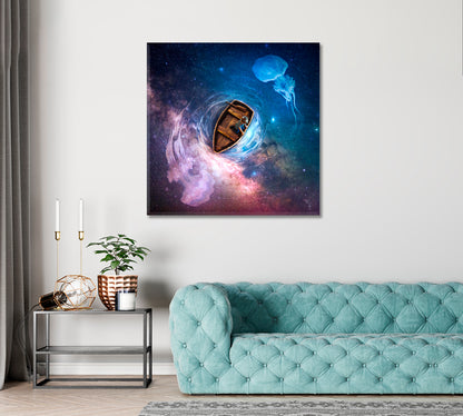 Boy in Wooden Boat Looks at Fabulous Jellyfish Canvas Print ArtLexy   