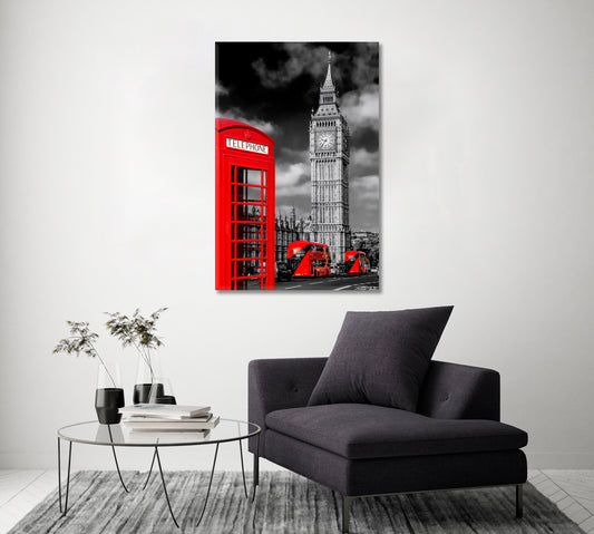 London Symbols Big Ben Double Decker Buses and Red Telephone Booth Canvas Print ArtLexy 1 Panel 16"x24" inches 
