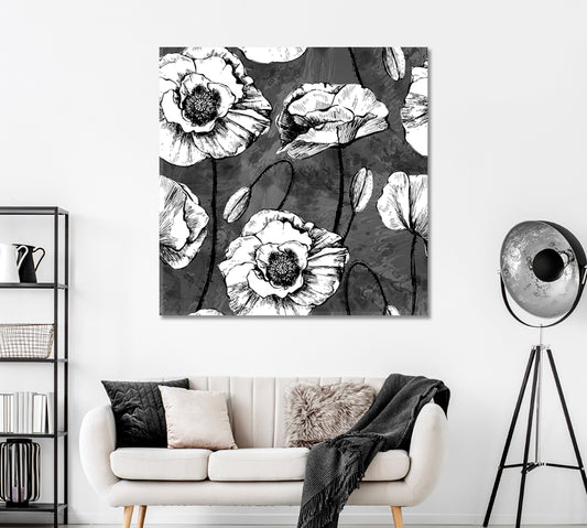 Black and White Poppies Canvas Print ArtLexy 1 Panel 12"x12" inches 