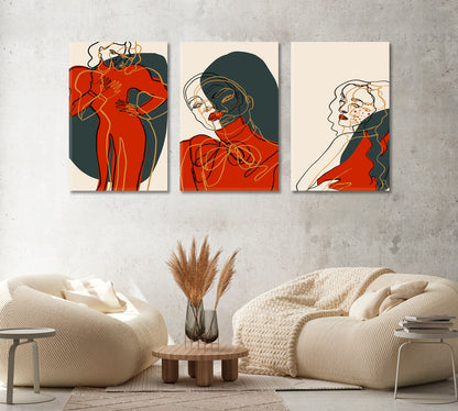 Set of 3 Abstract Line Woman Portrait in Red Dress Canvas Print ArtLexy   