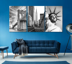 Set of 3 Brooklyn Bridge & Empire State Building ‎& Statue of Liberty Canvas Print ArtLexy 3 Panels 48”x24” inches 