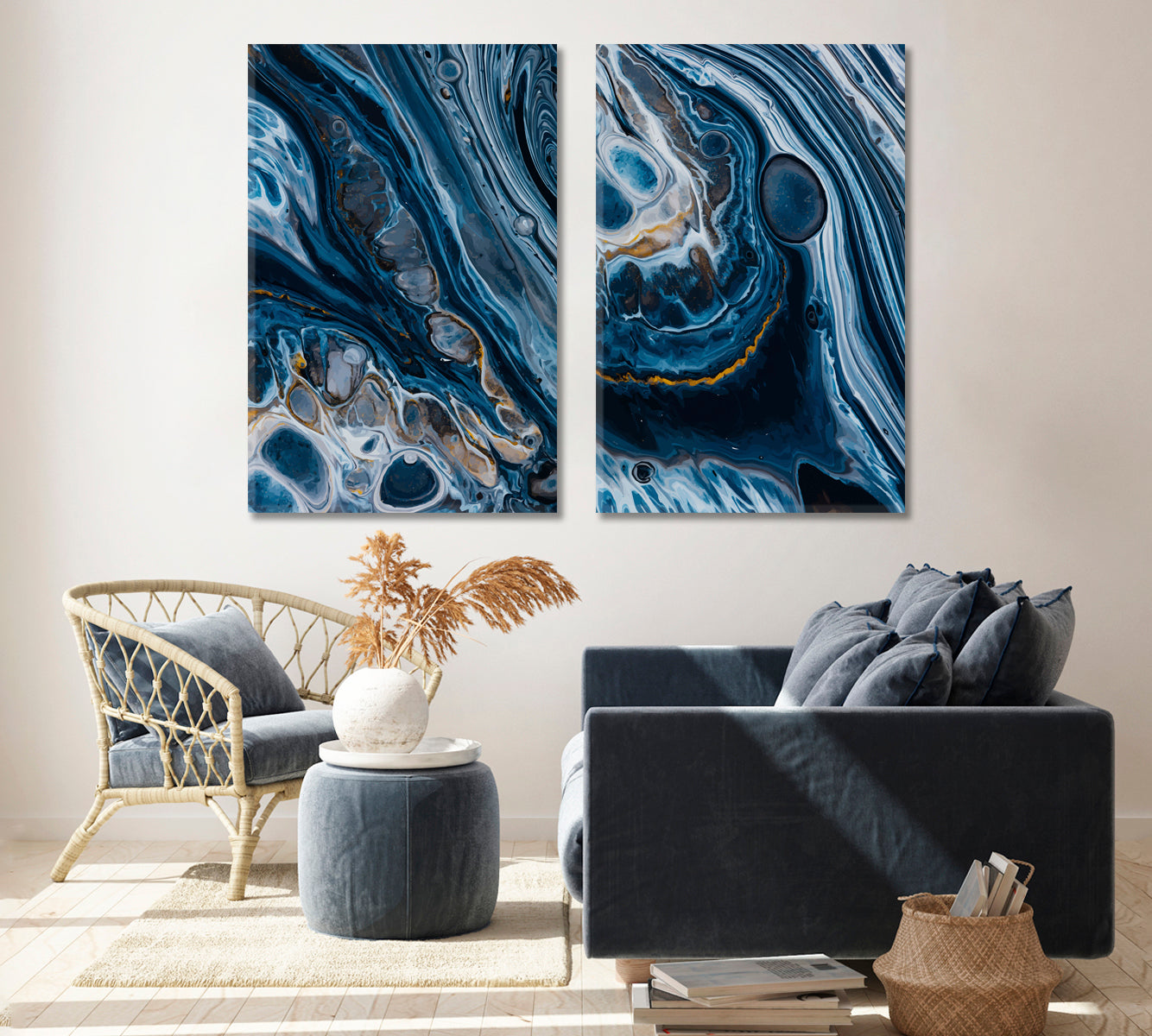 Set of 2 Vertical Modern Navy Blue Marble Pattern Canvas Print ArtLexy   