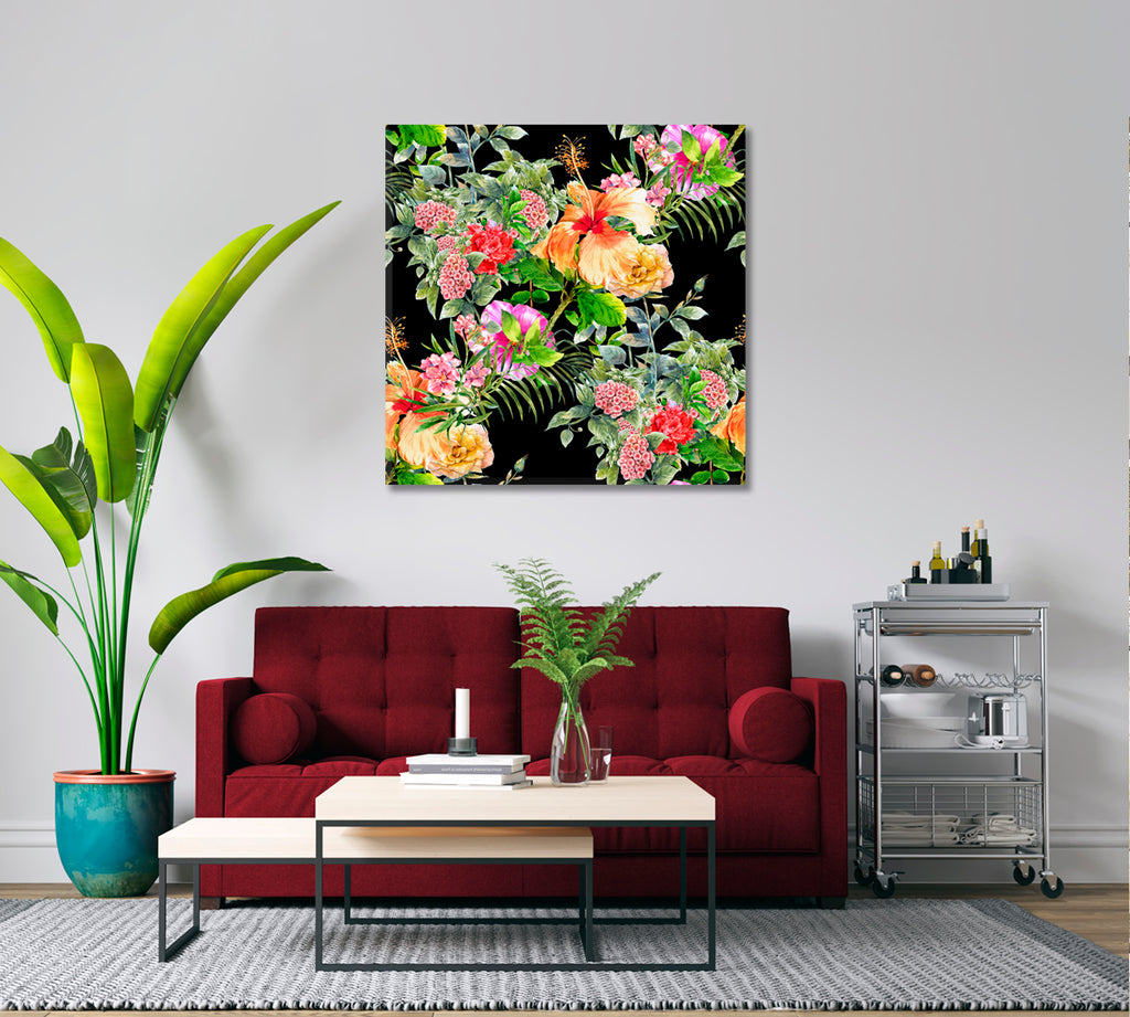 Colorful Watercolor Painting of Leaf and Flowers Canvas Print ArtLexy   