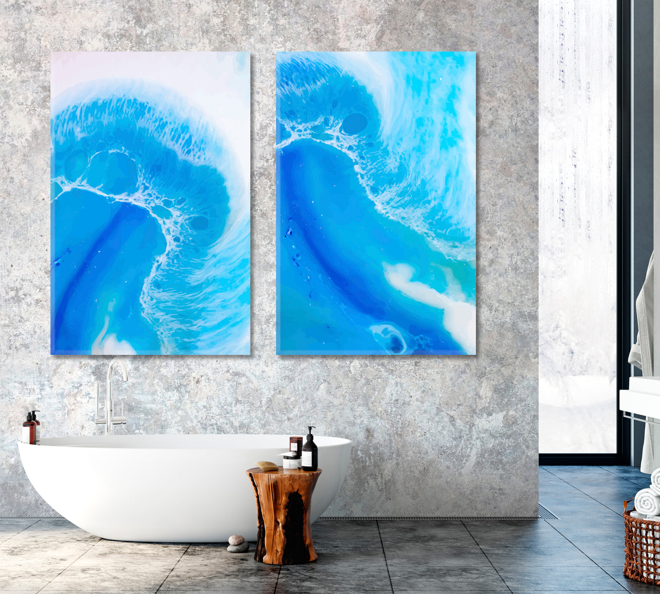 Set of 2 Vertical Abstract Blue and White Swirls Canvas Print ArtLexy   