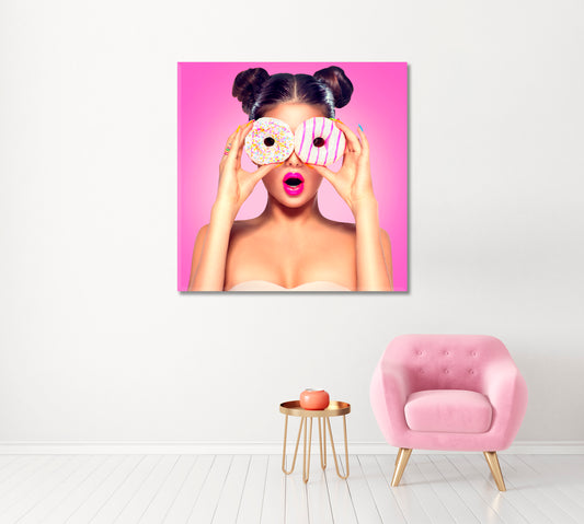 Funny Girl with Donuts Canvas Print ArtLexy 1 Panel 12"x12" inches 