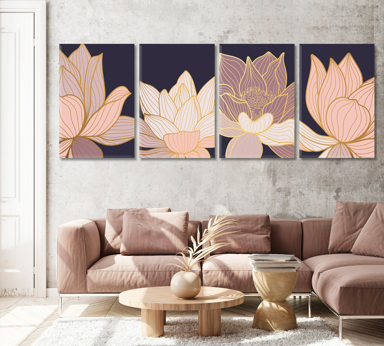 Set of 4 Vertical Luxury Lotus Flower Canvas Print ArtLexy 4 Panels 64”x24” inches 