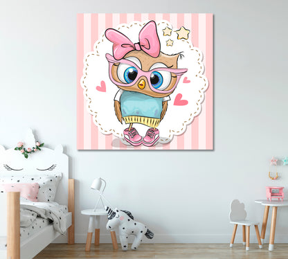 Cartoon Owl in Pink Eyeglasses Canvas Print ArtLexy   