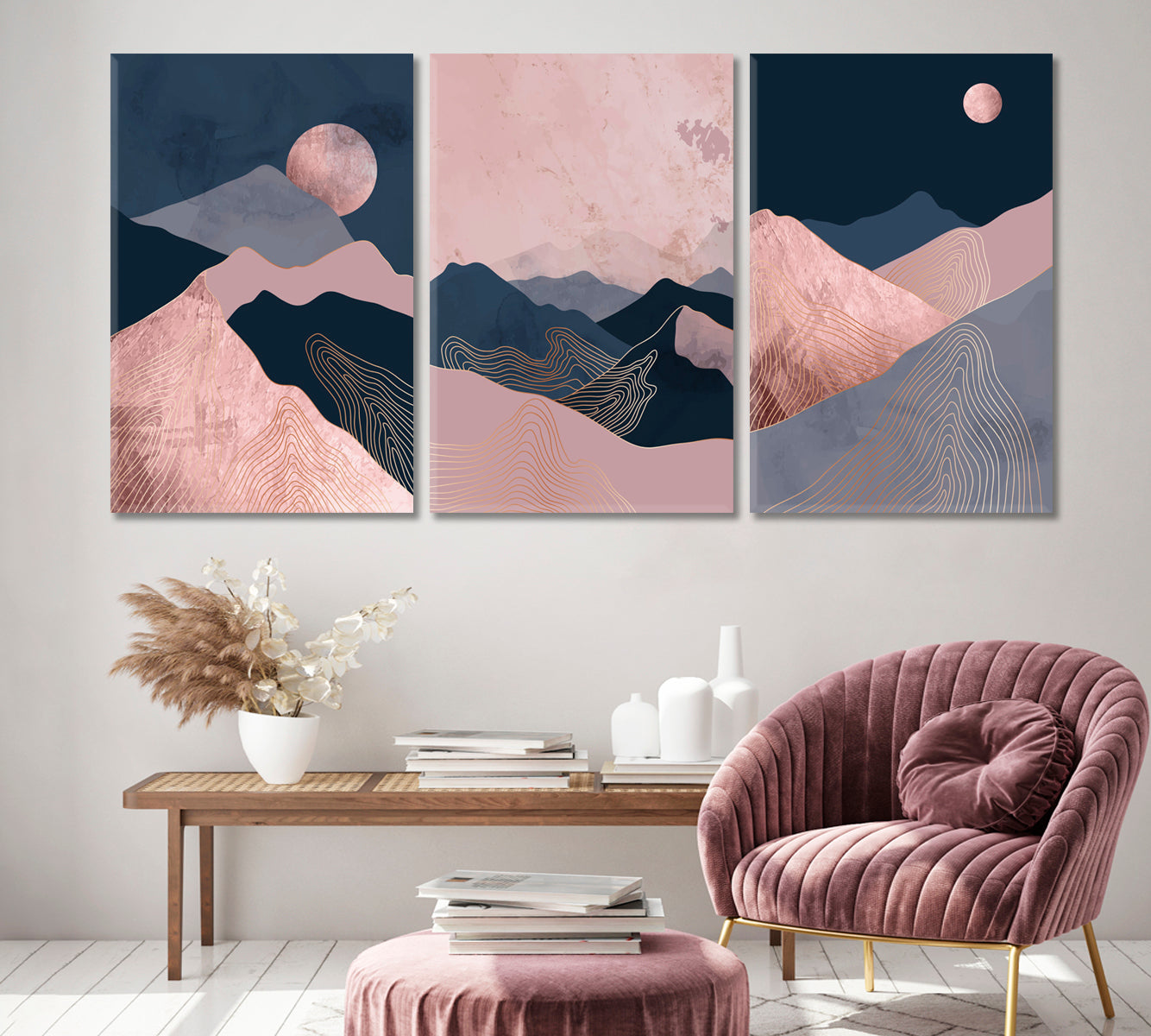 Set of 3 Modern Pink Mountain Sunset Canvas Print ArtLexy 3 Panels 48”x24” inches 