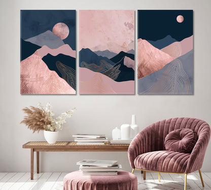 Set of 3 Modern Pink Mountain Sunset Canvas Print ArtLexy 3 Panels 48”x24” inches 