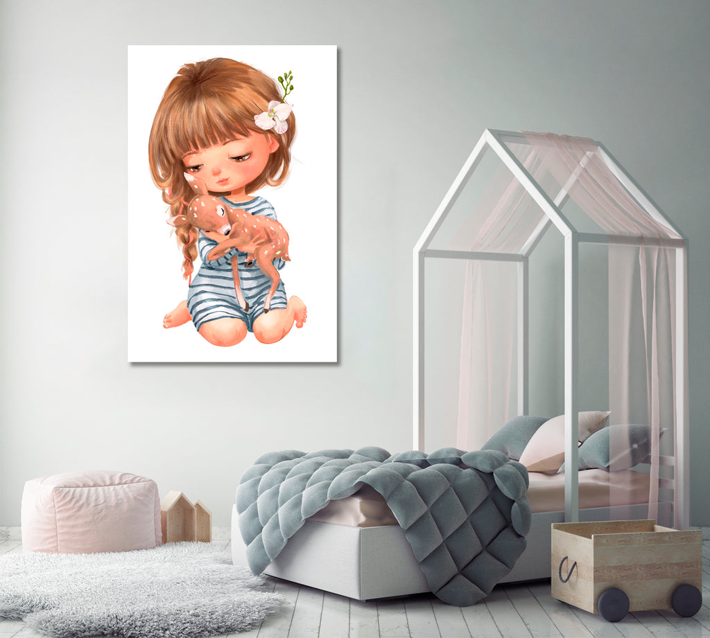 Cute Girl with Baby Deer Canvas Print ArtLexy   