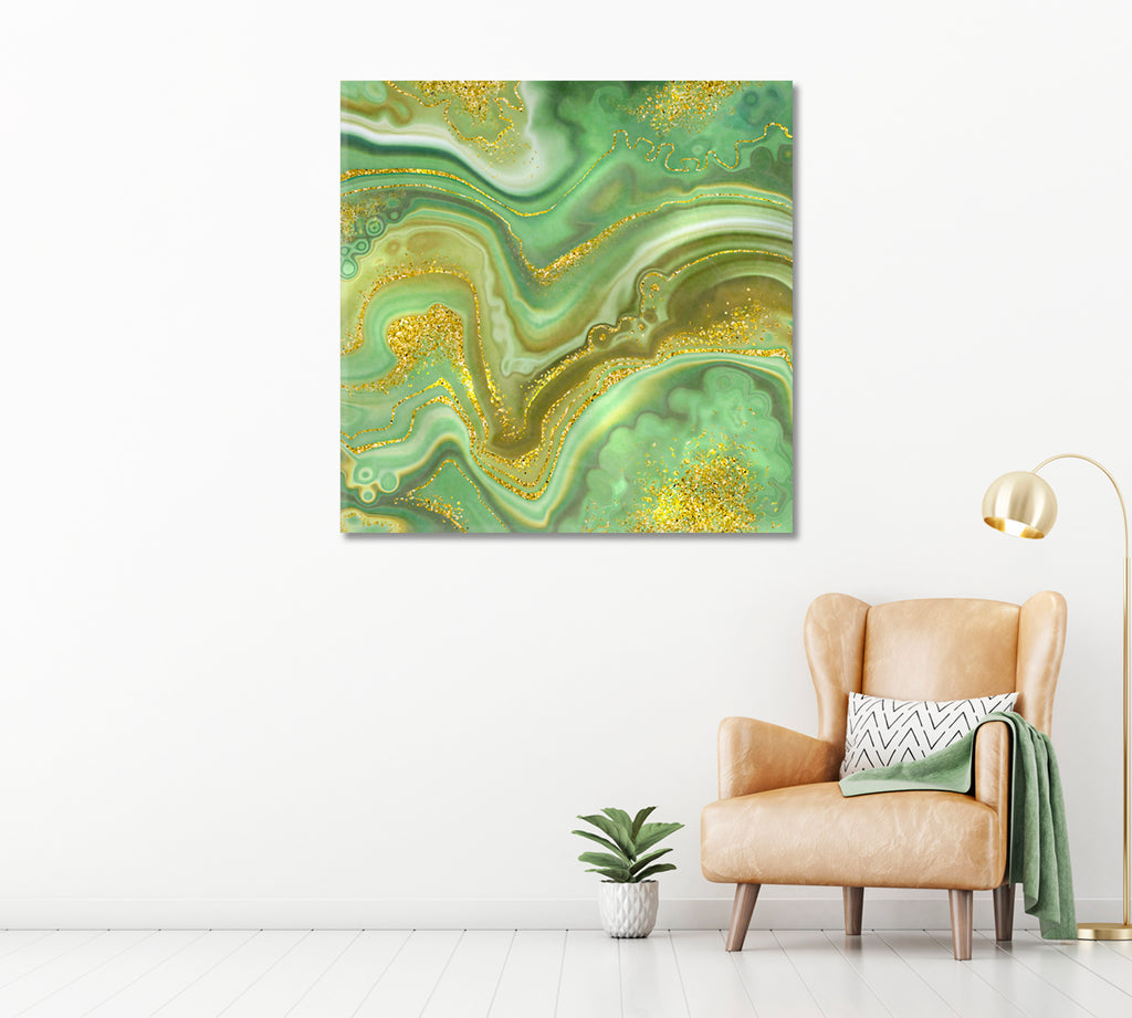 Abstract Green Marble with Gold Veins Canvas Print ArtLexy 1 Panel 12"x12" inches 