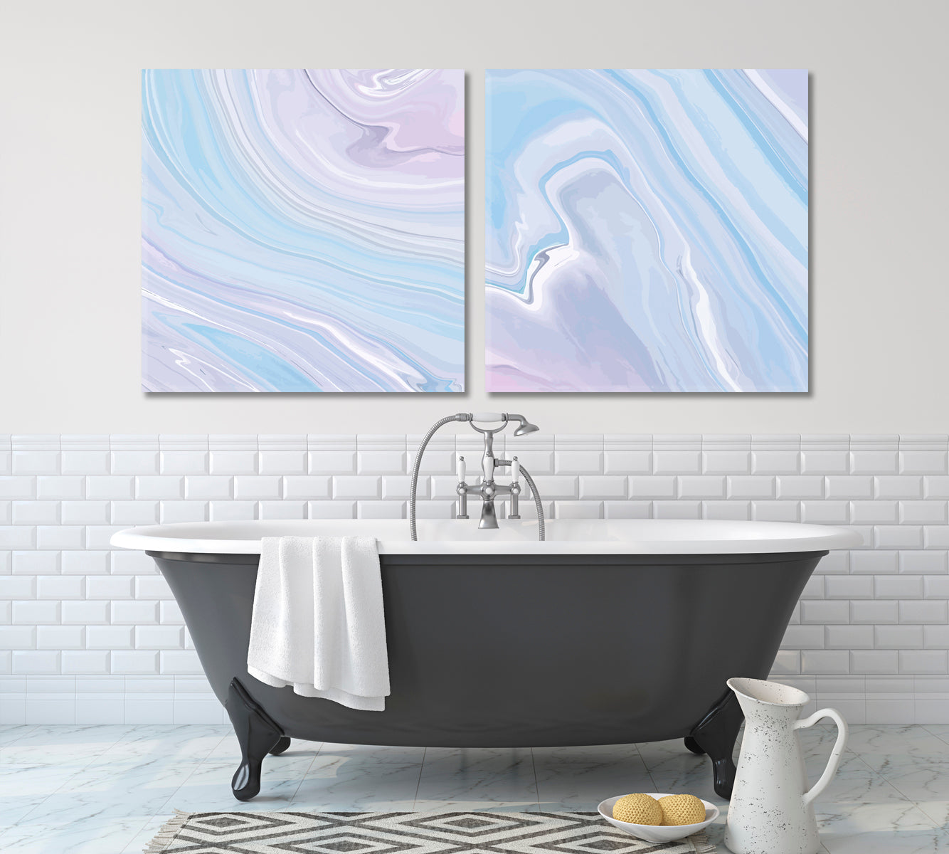 Set of 2 Squares Elegant Blue and Pink Waves and Swirls Canvas Print ArtLexy   