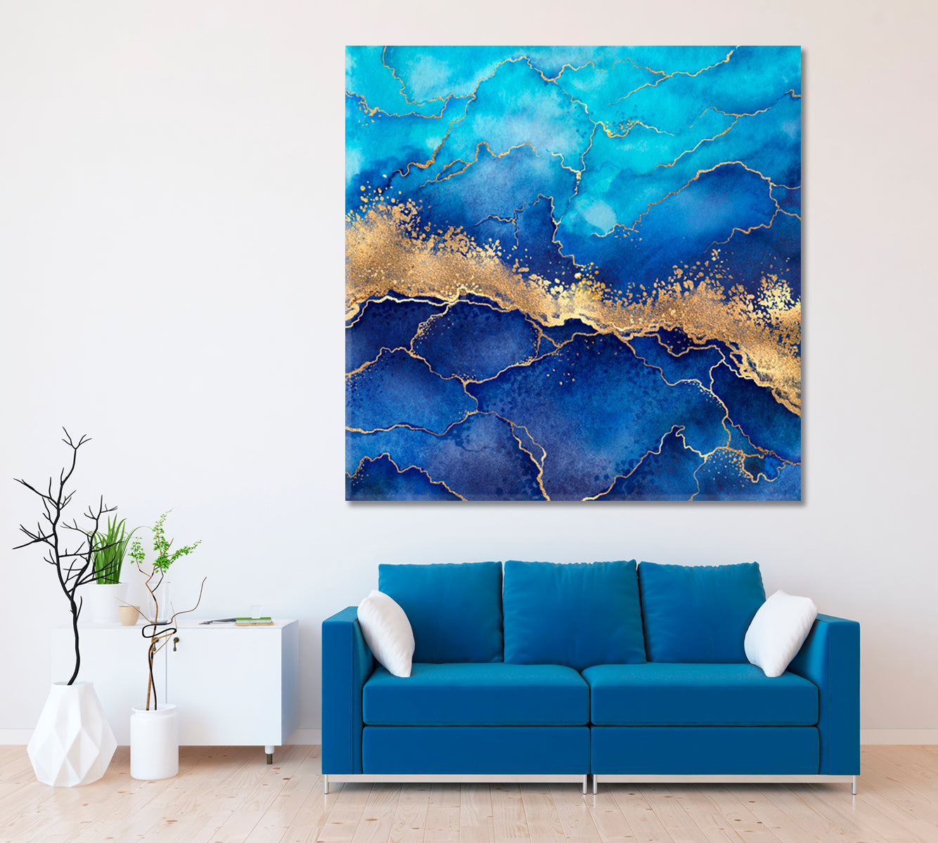 Abstract Blue Marble with Golden Veins Canvas Print ArtLexy   