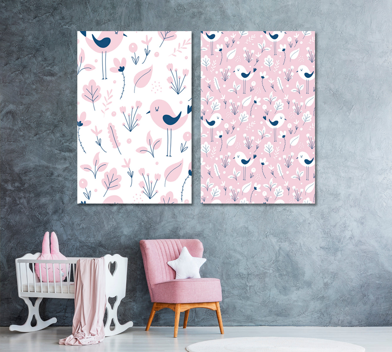 Set of 2 Vertical Lovely Pink Bird and Flowers Canvas Print ArtLexy 2 Panels 32”x24” inches 