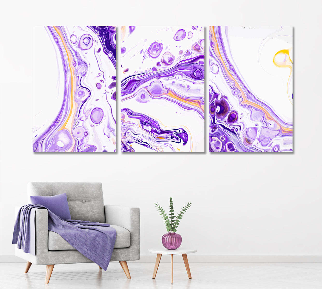 Set of 3 Abstract Purple & White Ink Bubbles Canvas Print ArtLexy   