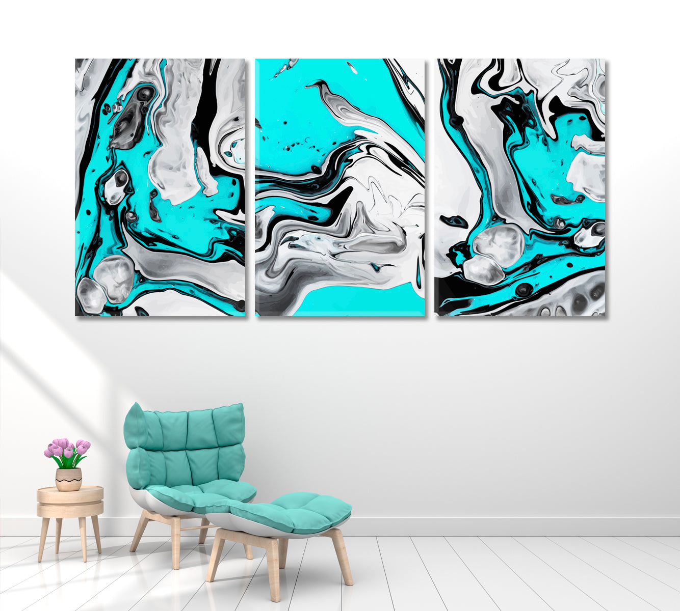 Set of 3 Abstract Aquamarine Fluid Marble Waves Canvas Print ArtLexy   