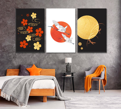 Set of 3 Traditional Japanese Pattern with Cranes Canvas Print ArtLexy   