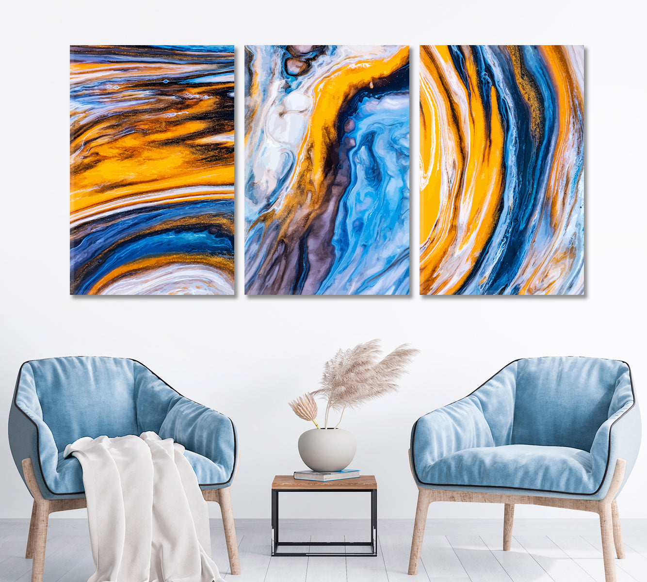 Set of 3 Bright Blue & Yellow Creative Swirls Patter Canvas Print ArtLexy 3 Panels 48”x24” inches 