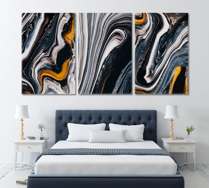 Set of 3 Trendy Abstract Navy Blue Fluid Marble Canvas Print ArtLexy 3 Panels 48”x24” inches 