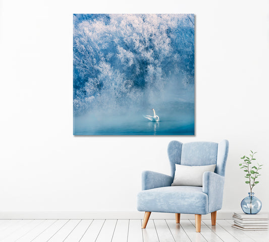 Winter Landscape with Swans on Lake Canvas Print ArtLexy 1 Panel 12"x12" inches 