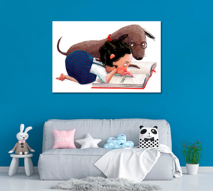 Little Girl with her Dog Reading Book Canvas Print ArtLexy   