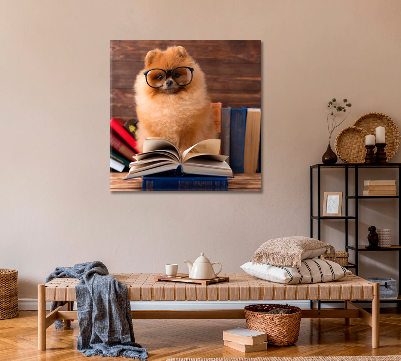 Cute Pomeranian Dog Read Book Canvas Print ArtLexy 1 Panel 12"x12" inches 