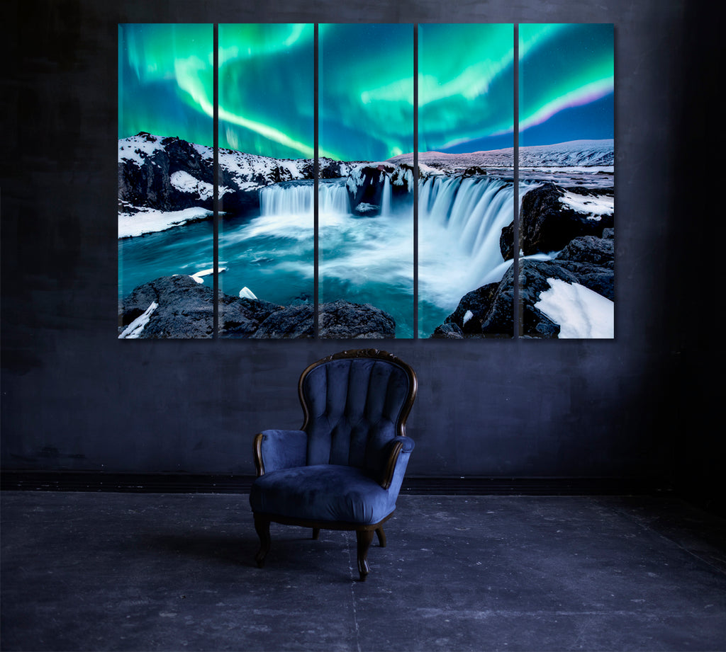 Aurora Borealis over Godafoss Waterfall in Iceland Canvas Print ArtLexy   