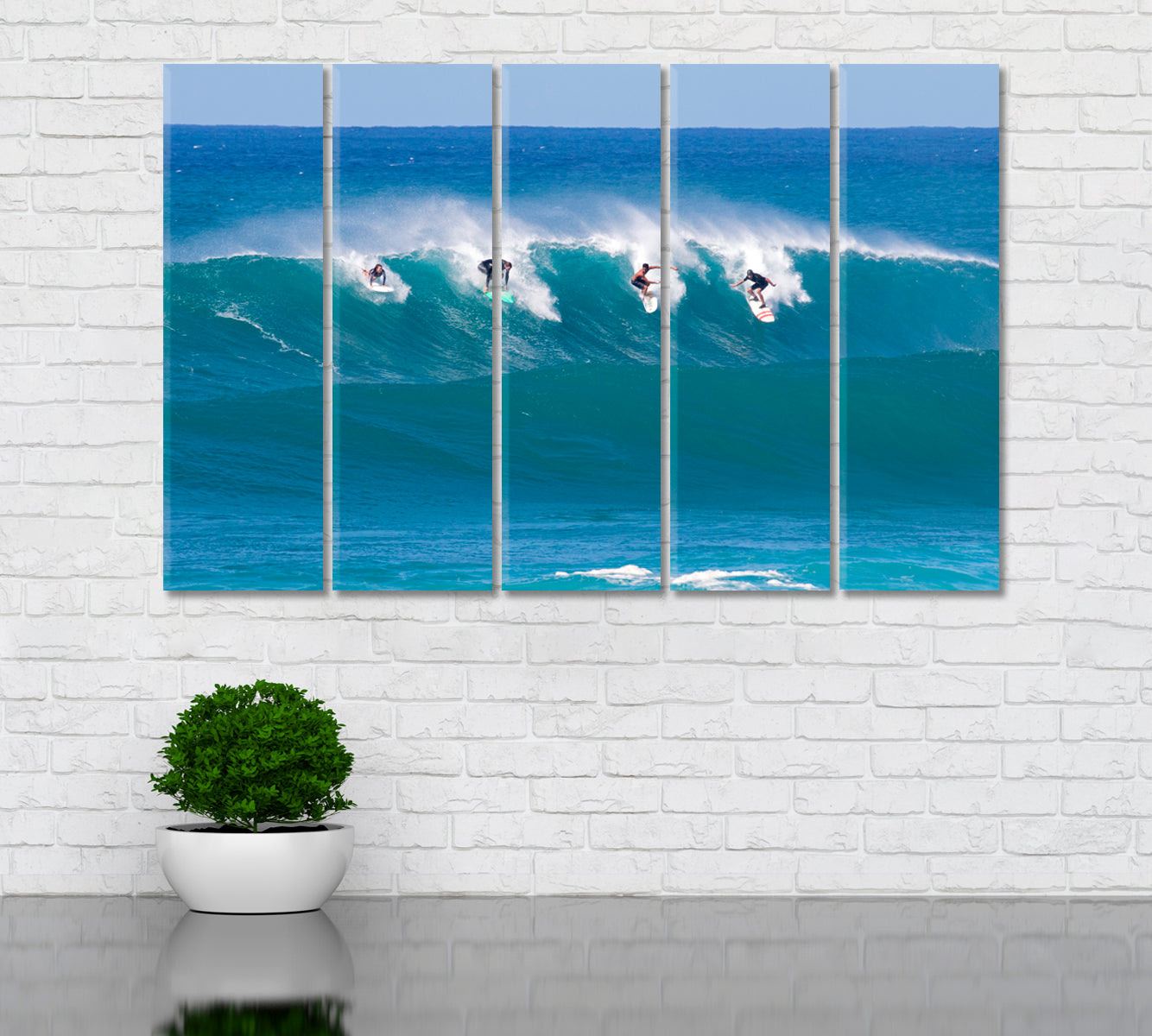 Surfers Riding Wave Hawaii Canvas Print ArtLexy 5 Panels 36"x24" inches 