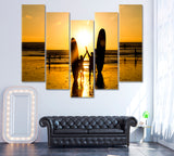 Surfers Couple Silhouette at Sunset Canvas Print ArtLexy   