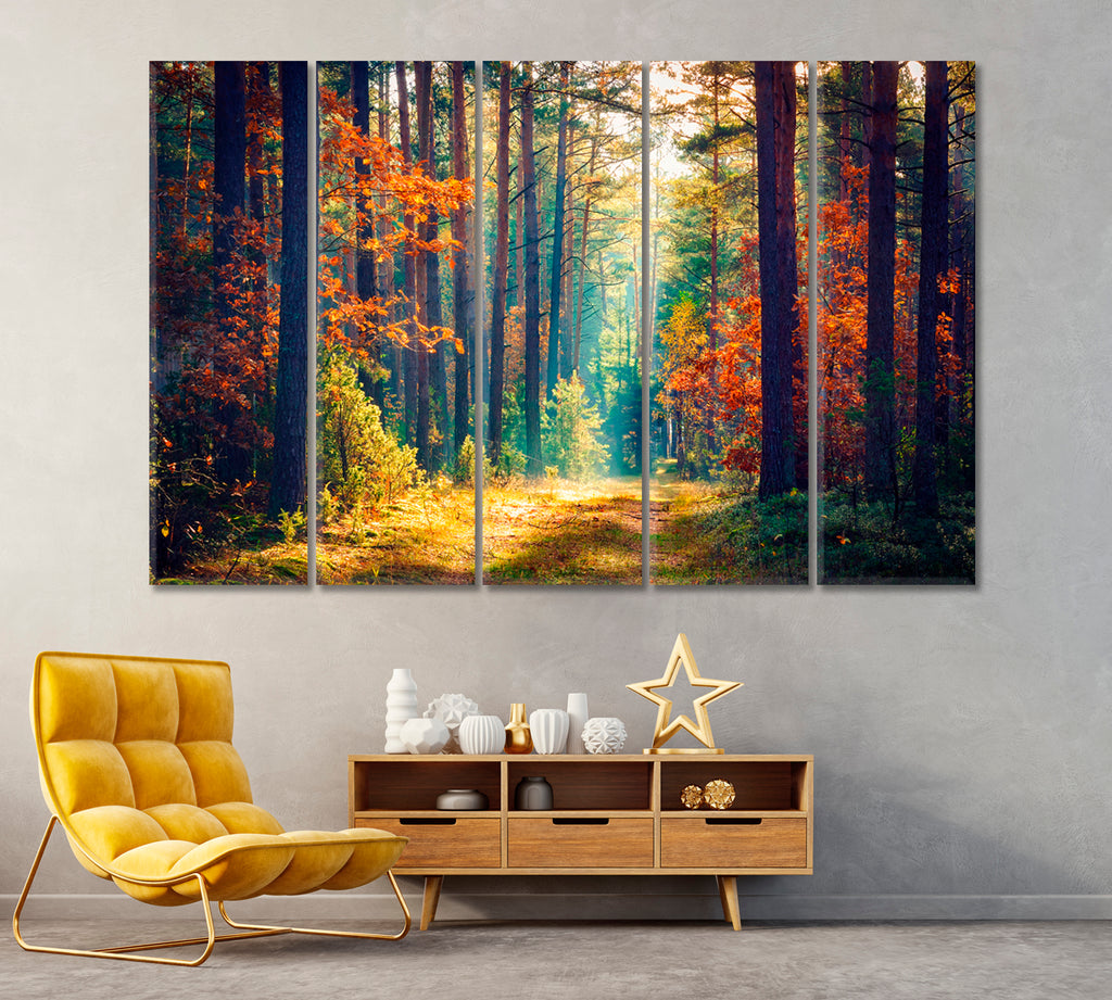 Beautiful Forest with Sun Rays Canvas Print ArtLexy 5 Panels 36"x24" inches 