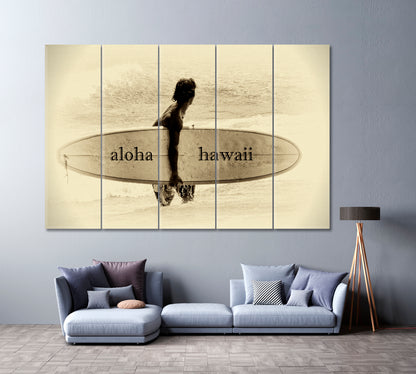 Surfer with Longboard Standing in Ocean Canvas Print ArtLexy 5 Panels 36"x24" inches 