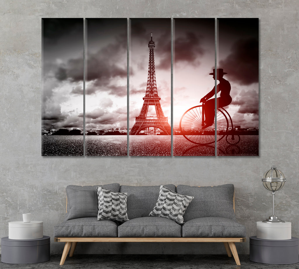 Man on Penny-Farthing Bicycle next to Eiffel Tower Canvas Print ArtLexy 5 Panels 36"x24" inches 