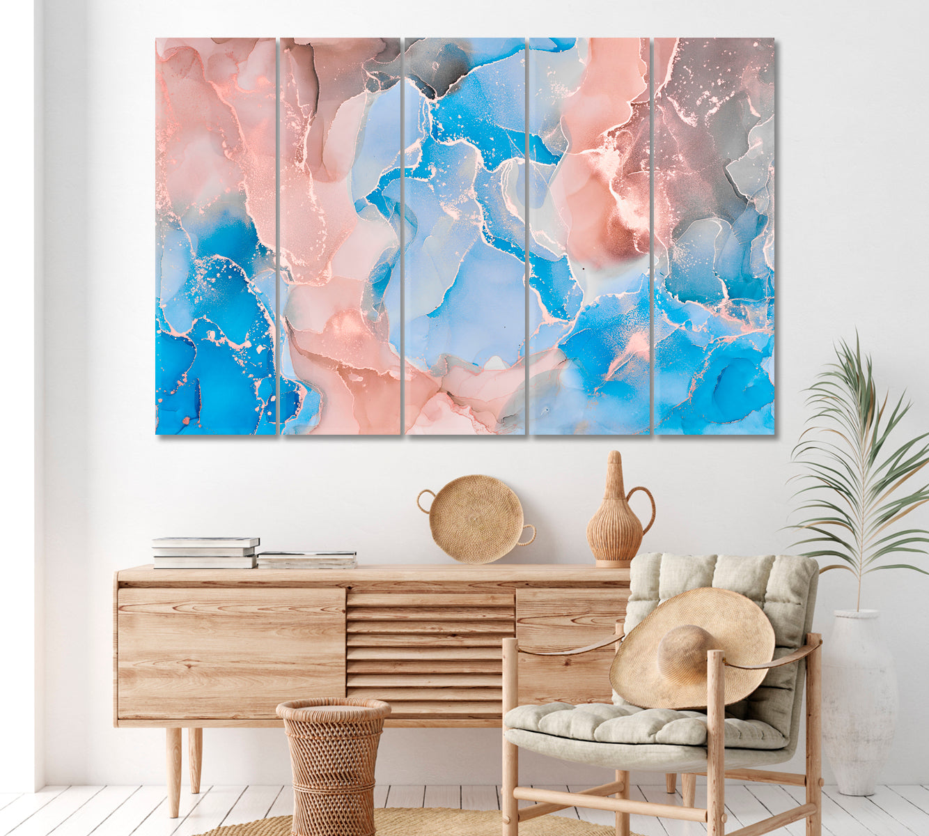 Abstract Blue Marble with Veins Canvas Print ArtLexy 5 Panels 36"x24" inches 