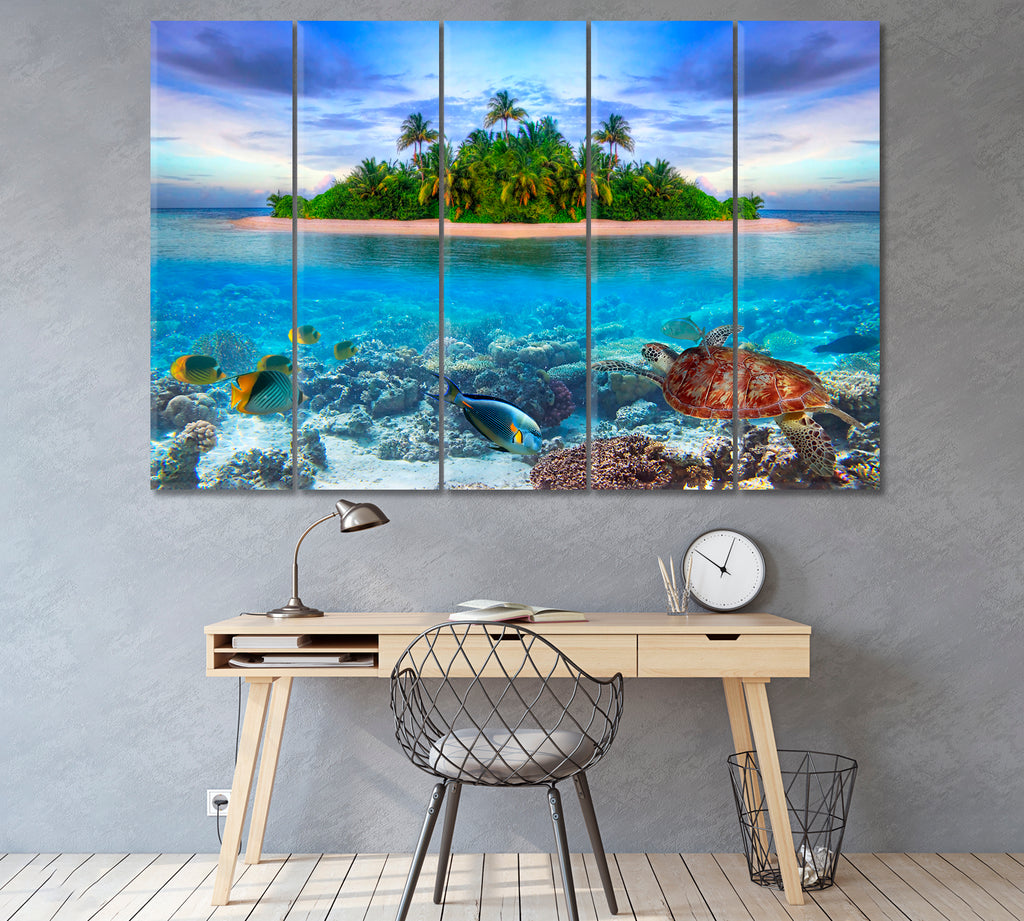 Thoddoo Island and Underwater Life Maldives Canvas Print ArtLexy 5 Panels 36"x24" inches 