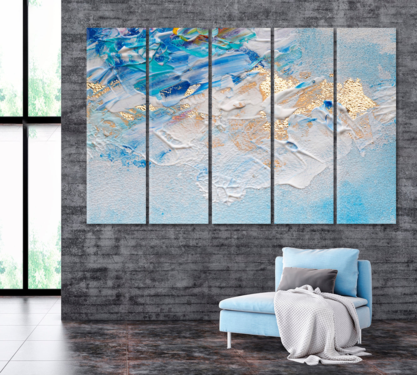 Creative Blue & Gold Painting Canvas Print ArtLexy 5 Panels 36"x24" inches 