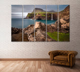 Gasadalur Village and Mulafossur Waterfall Faroe Islands Canvas Print ArtLexy 5 Panels 36"x24" inches 