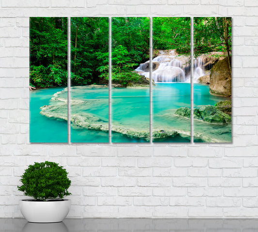 Waterfall in Tropical forest at Erawan National Park Thailand Canvas Print ArtLexy 5 Panels 36"x24" inches 