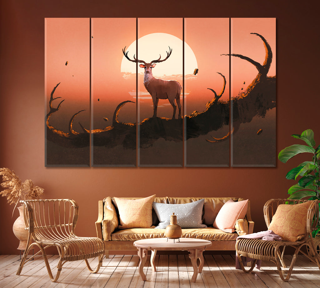 Deer Standing on Branch Against Sunset Canvas Print ArtLexy 5 Panels 36"x24" inches 