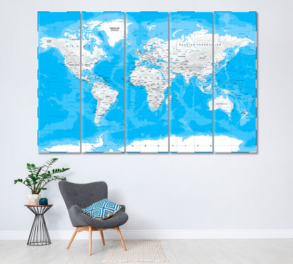 World Map Canvas Print ArtLexy 5 Panels 36"x24" inches 