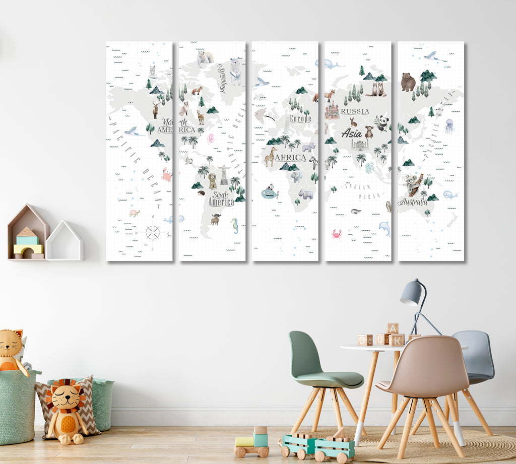 Animals World Map for Kids Canvas Print ArtLexy   