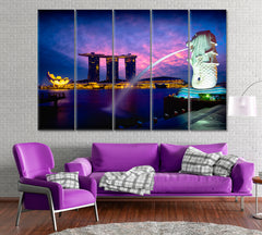 Merlion Fountain and Marina Bay Singapore Canvas Print ArtLexy 5 Panels 36"x24" inches 