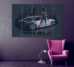 Fashion Girl with Sports Car Canvas Print ArtLexy 5 Panels 36"x24" inches 