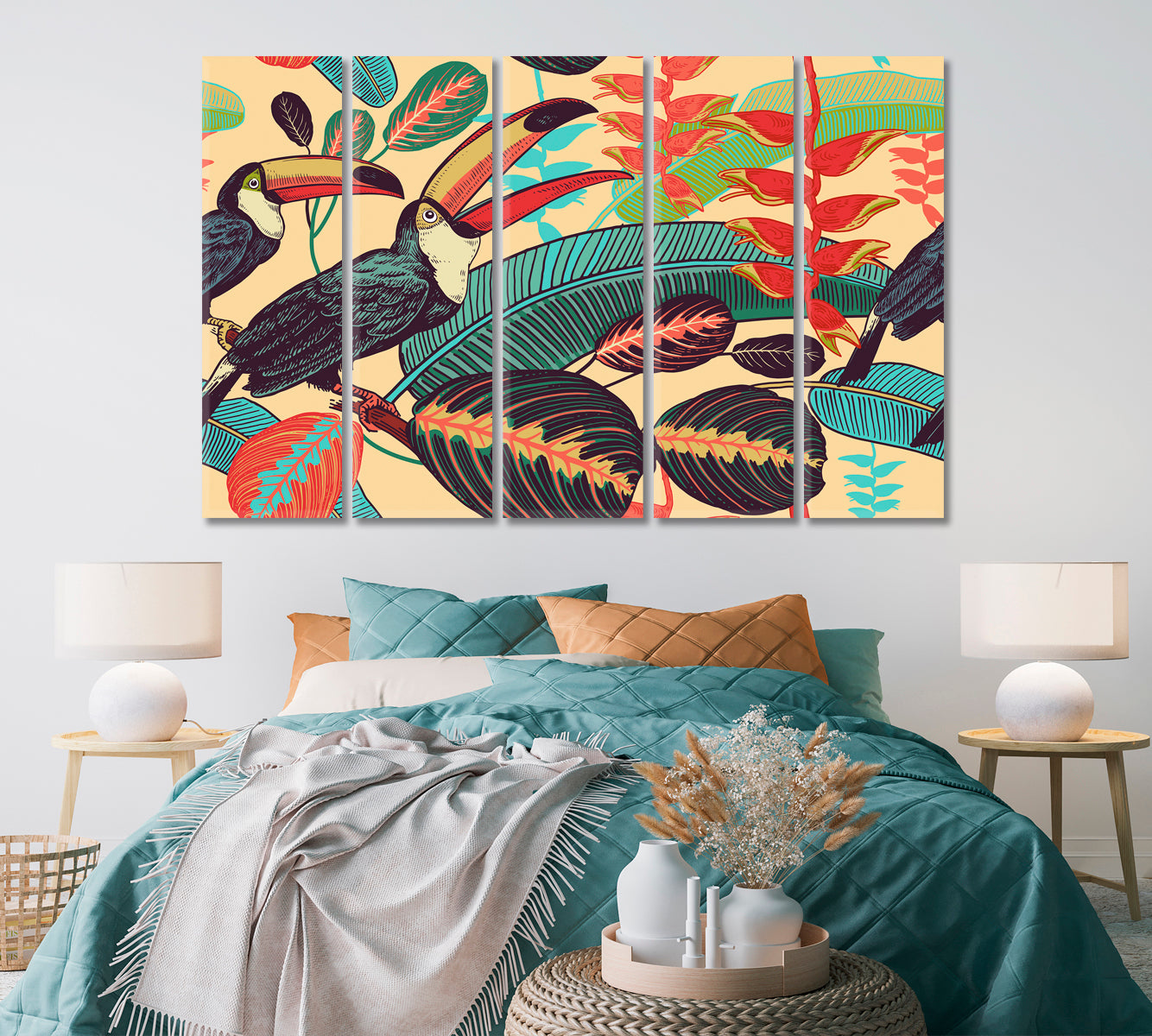 Toucans with Tropical Leaves and Flowers Canvas Print ArtLexy   