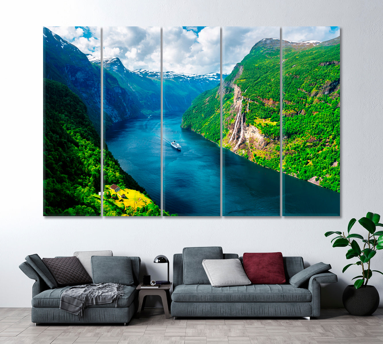 Sunnylvsfjorden Fjord and Seven Sisters Waterfalls Norway Canvas Print ArtLexy 5 Panels 36"x24" inches 